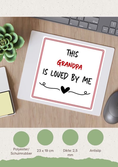 Akyol - this grandpa is loved by me Muismat - Opa - iemand die houdt van zijn opa - verjaardag - cadeautje voor opa - opa artikelen - kado - geschenk - 23 bij 19 cm