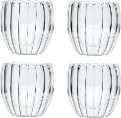 Intirilife 4x Dubbelwandig thermoglas - Gestreepte stijl - 190ml inhoud - Mondgeblazen geïsoleerd voor latte macchiato, als theeglas of koffieglas met handvat