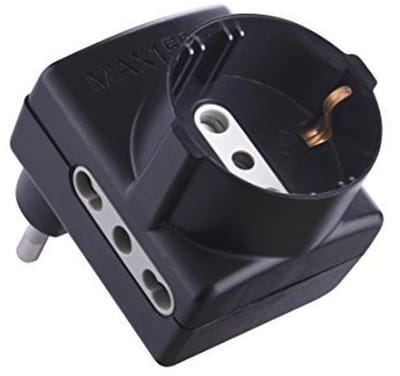 Ruimtebesparende adapter met 1 veiligheidsstopcontact en 2 tweewaardige stopcontacten, 10/16 A, 230 V, zwart