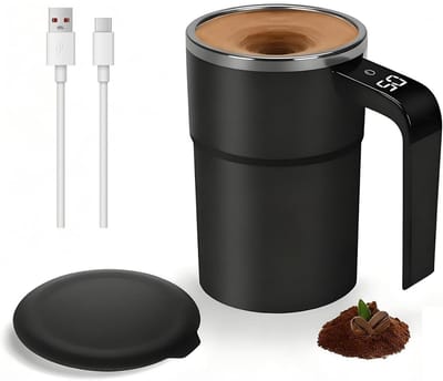 GELLDG Zelfroerende mok - Elektrische automatische koffieroerder - 380 ml - Geïsoleerde roestvrijstalen mok - Temperatuurweergave - USB-aansluiting - Deksel - Handvat - Geschikt voor koffie, thee of proteïneshakes - Zwart