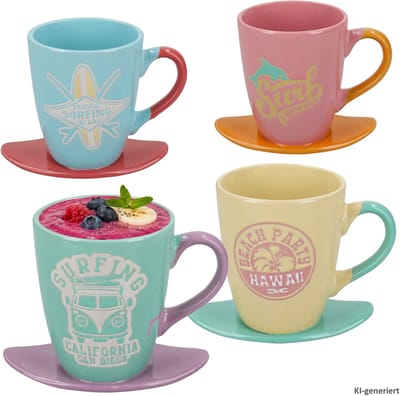 4-delige set SURF koffiemokken met surfplank in blauw, geel, groen en roze – Q80001090