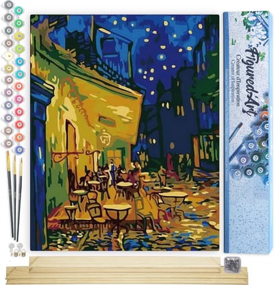 Figured'Art Schilderen op Nummer Volwassenen canvas Van Gogh Café Terras bij Nacht - Handwerk acrylverf Kit DIY Compleet - 40x50cm met DIY houten lijst