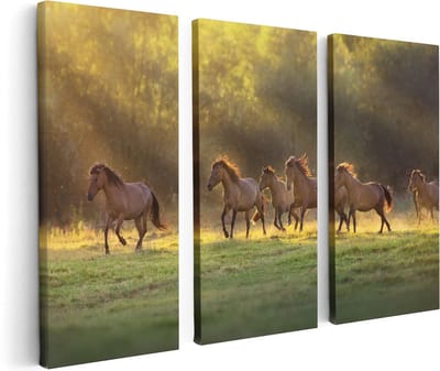 Artaza Canvas Schilderij Drieluik Kudde Bruine Paarden In De Wei - 120x80 - Foto Op Canvas - Canvas Print