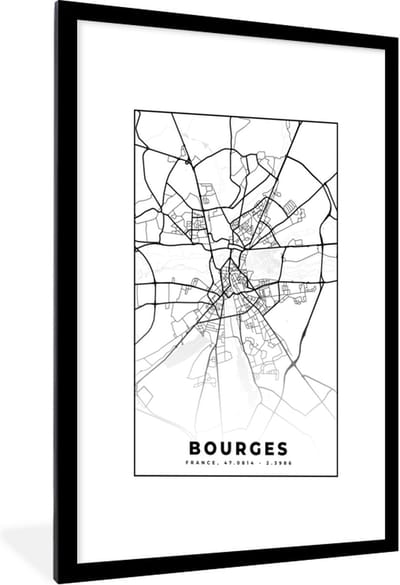 Fotolijst incl. Poster Zwart Wit- Stadskaart - Plattegrond - Bourges - Kaart - Frankrijk - Zwart wit - 60x90 cm - Posterlijst