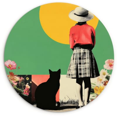 WallCircle® Wandcirkel 120x120 cm - Muurcirkel Retro - Meisje - Kat - Zon - Muurdecoratie woonkamer - Wanddecoratie slaapkamer - Kamer decoratie accessoires - Ronde schilderijen XXL