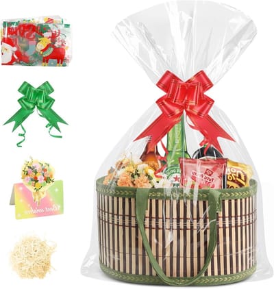 Lege Cadeaumand Set met Bamboemand, 2 Glazen Tassen, Strikken en Wenskaart voor Kerst, Verjaardag en Babyshower