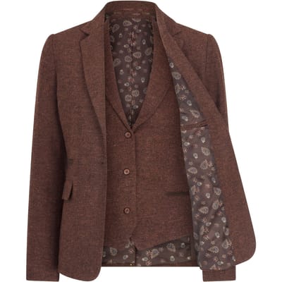 Dames roestbruine 2-delige set met visgraatmotief van wollen tweed en ruitjesblazer