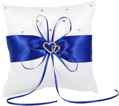 Romantisch Ringkussen met Dubbel Hart en Strik, Decoratief Kussen voor Trouwen, Strandceremonie en Feesten (Blauw)