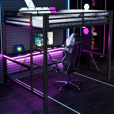 DESMIU Hoogslaper 160x200 cm Met Matras Zonder Matras Gaming Hoogslaper Met Bureau En LED Verlichting Voor Jongerenkamer Metaal MDF Zwart