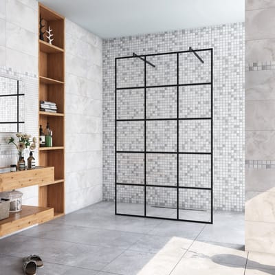 Inloopdouche 77,7x200cm met mat zwart kader en raster,8mm NANO EasyClean veiligheidsglas,met 2 70-120cm stabilisatiestangen