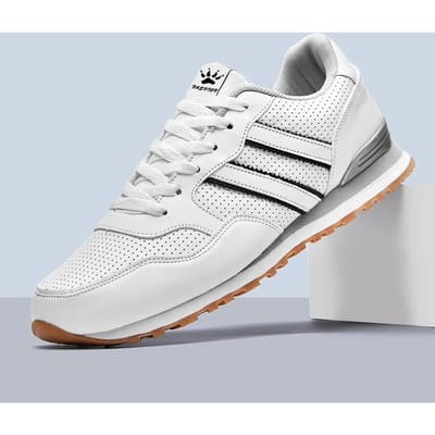 Heren Klassieke Hardloopschoenen Lichtgewicht Leer Outdoor Casual Sneakers Heren Comfortabele Sport Ademende Platte Joggingschoenen 38 white