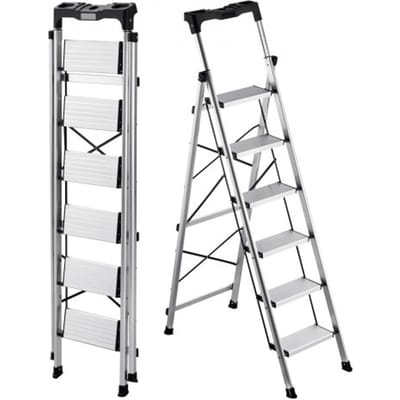 VEVOR 6-Treden Vouwladder met Antislip Treden en Comfortabele Handgreep, Huishoudladder met Een Draagvermogen van 150 Kg, Aluminium Veiligheidsladder voor Keuken, Magazijn, Huis en Kantoor, Zilverkleurig