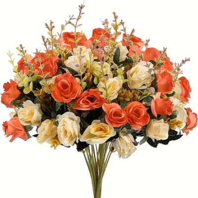 1 bouquet de roses artificielles bicolores - Résistant aux UV, Faux-fleurs au toucher réel, Convient pour le printemps, la Saint-Valentin, le mariage 1pc orange
