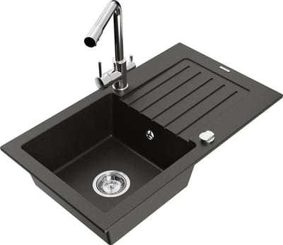 Mexen Pablo granieten gootsteen 1-kamer met afdruiprek en Duero keukenkraan, zwart/goud metallic - 6510-75-671600-00