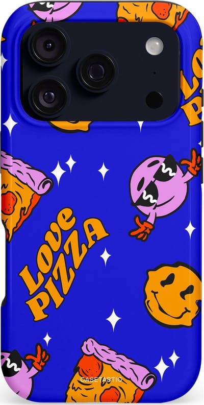 Casetastic hoesje geschikt voor Apple iPhone 17 Pro - MagSafe - Dubbellaagse bescherming - Funky Pizza - Fashion Case - Paars Okergeel Donkerblauw Bruin