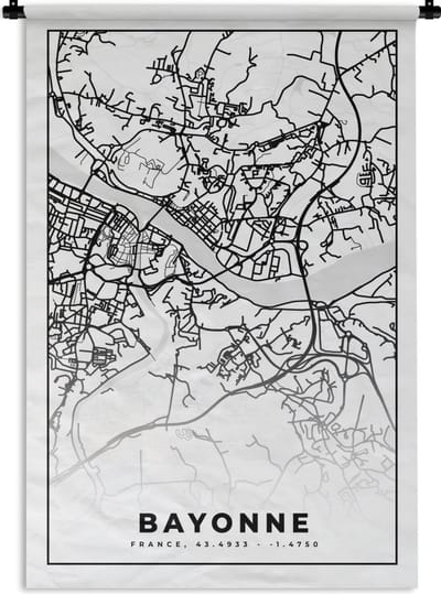 Wandkleed - Wanddoek - Plattegrond - Kaart - Bayonne - Frankrijk - Stadskaart - Zwart wit - 120x180 cm - Wandtapijt