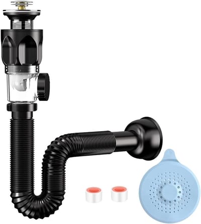 Basinafvoer Fitting met Waterdichte Tape en Pop-up Afvoerstop, Sifon en Afvoerslang voor Badkamer en Keuken, Geur- en Lekvrij Sifon Kit voor Efficiënte Afvoer