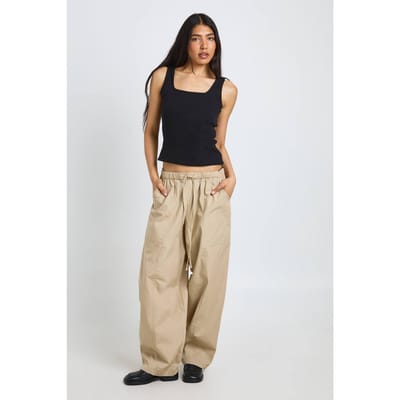 boohoo Dames Lange Poplin Broek Met Koord En Ballonpijpen | Steen | Maat: 34