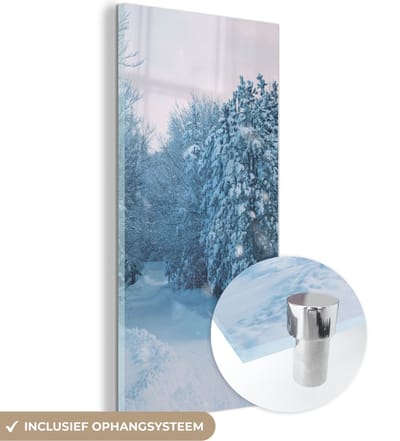 MuchoWow® Glasschilderij 20x40 cm - Schilderij acrylglas - Bos - Sneeuw - Winter - Foto op glas - Schilderijen