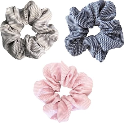 Kraagjeskopen.nl®  Scrunchies 3 stuks Geruit Exclusief Extra Vol en Luxe - Haarelastiek Haarwokkel scrunchies - Roze - Beige - Donkerblauw - Scrunchie met Ruitjes