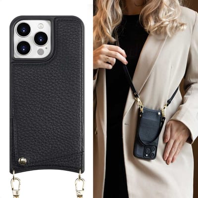 Selencia Hoesje - Geschikt voor Apple iPhone 15 Pro Max - Backcover met koord en pashouder - Zwart