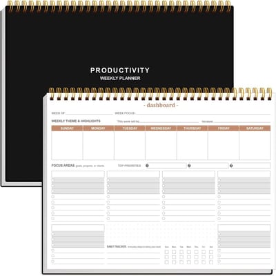 Wekelijkse Productiviteitsplanner - Agenda Dagplanner - Taken Organiseren - 6 Focusgebieden - 8.5 x 11 Inch - Zwart