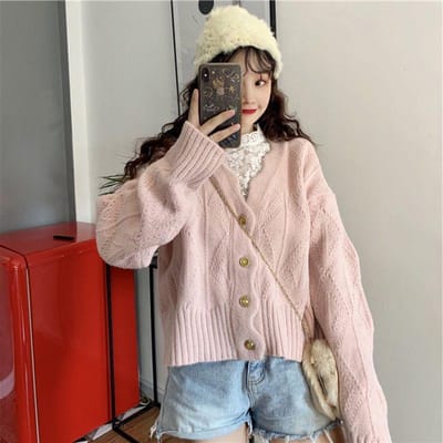 Sections Courtes Automne et Hiver Cardigan Tricoté pour Femme Pull Mode Lâche Manteau Portable pour Femme S gray
