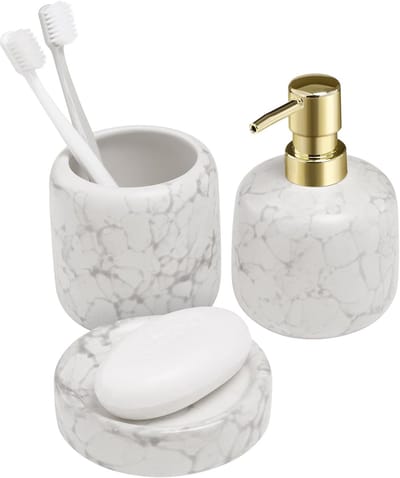 Famanu - Badkamer accessoires set 3-delig – Met tandenborstelhouder zeepdispenser zeepbakje – Voor tandenborstel en handzeep – Moderne marmerlook – Wit