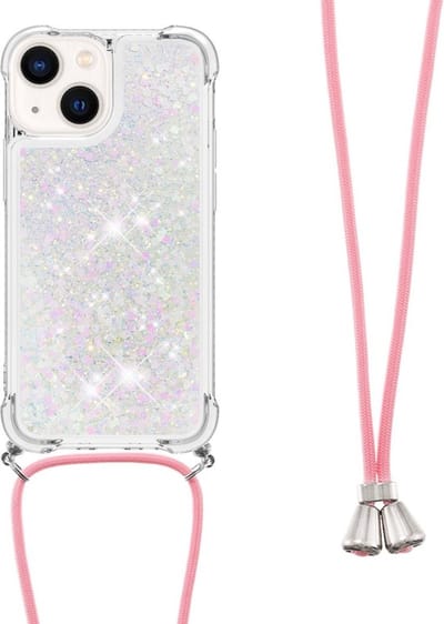 Coverup Hoesje - Geschikt voor iPhone 15 Hoesje - Coverup Liquid Glitter Back Cover met Koord - Wit