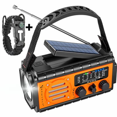 RAWVOLT® - NIEUW - Noodradio SW20K - 20000mAh Li-ion Accu - Solar Opwindbaar - Powerbank, Zaklamp, SOS Alarm & Leeslamp - 2026 model voor indoor, outdoor en in noodpakket - incl. Multi-Function Survival Armband - Tango Orange
