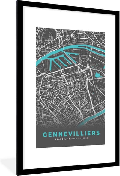 Fotolijst incl. Poster - Gennevilliers - Frankrijk - Plattegrond - Kaart - Stadskaart - 80x120 cm - Posterlijst