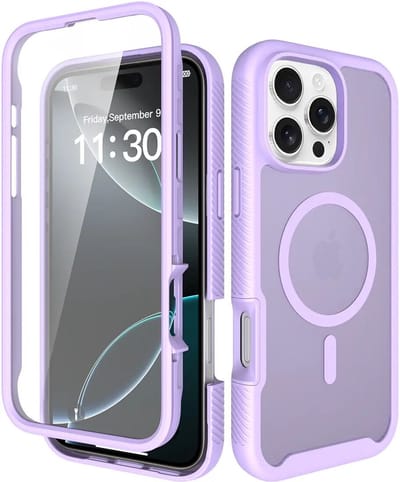 Hoesje met Ingebouwde Screenprotector Geschikt voor Apple iPhone 16 Pro Max - Compatibel met MagSafe / Qi2 - Full Protect - Schokbestendige Beschermhoes - Case Matte Paars