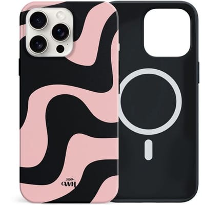 xoxo Wildhearts siliconen hoesje geschikt voor iPhone 16 Pro Max hoesje - Into the Waves - Magnetisch telefoonhoesje - Magneet case - Kwalitatieve backcover - TPU materiaal - Golvenprint - Golven - Zwart - Beige