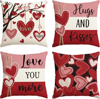 Valentijnsdag kussensloop - 45*45 cm - Hartjes- en strepenpatroon - Kussenhoes voor bruiloft - Sierkussen voor op de bank - Set van 4