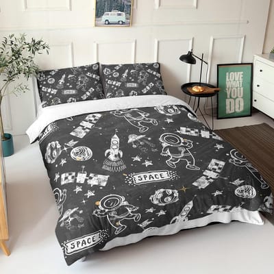 Universum Astronaut Print Ruimte Dekbedovertrek Set, Cartoon Omkeerbare Dekbed Quilt Hoes Donkerblauw, 2-delige Beddengoedset Met Rits 100x135cm 2pcs