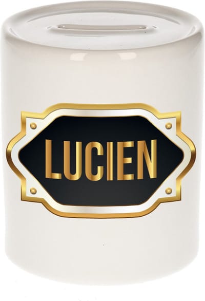 Spaarpot met voornaam Lucien - wit - met goud/zwart embleem - 8 x 9 cm - keramiek - met afsluitdop - cadeau verjaardag