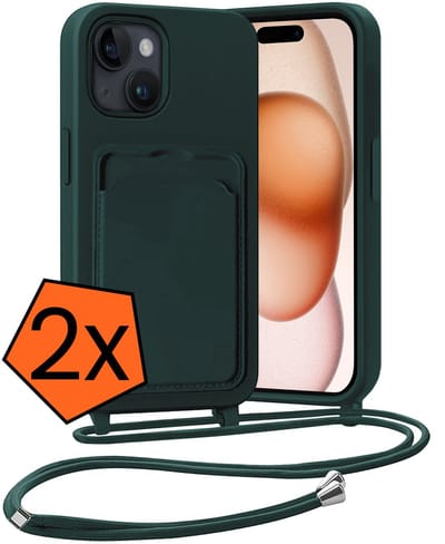 Hoesje Geschikt voor iPhone 15 Plus Hoesje Met Telefoonketting Pasjeshouder Case Koord - Hoesje Geschikt voor iPhone 15 Plus Hoes Met Kaarthouder - Donkergroen - 2 PACK