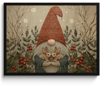 Poster in lijst - Fotolijst 80x60 cm - Posters - Kerstgnome - Konijntjes - Kleurrijk - Posterlijst zwart - Decoratie - Wanddecoratie woonkamer - Muurdecoratie slaapkamer - Kerstversiering - Kerstdecoratie voor binnen - Kerstmis