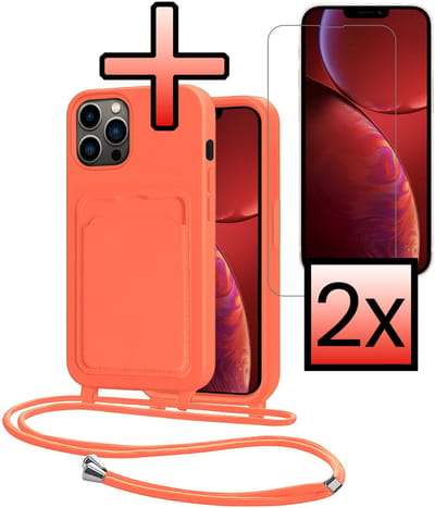 Hoes Geschikt voor iPhone 13 Pro Hoesje Pasjeshouder Cover Met Koord Case Siliconen Hoes Met Telefoonkoord en Kaarthouder Met 2x Screenprotector - Papaya