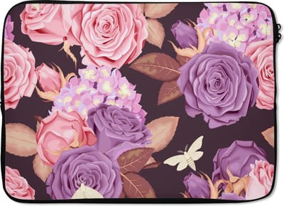 Laptophoes 14 inch - Bloemen - Vlinders - Paars - Roze - Laptop sleeve - Binnenmaat 33x23 cm - Zwarte achterkant