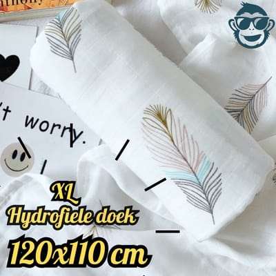BoefieBoef XL Hydrofiele Doek 120x110cm - Zachte Bamboe Swaddle, Inbakerdoek, Mousseline Doek voor Baby's en Newborns 0 tot 12 maanden - Veer Wit - Dubbellaags, Ademend en Absorberend - Kerst en KraamCadeau - - Duurzaam - Babydeken - Roze Blauw Geel