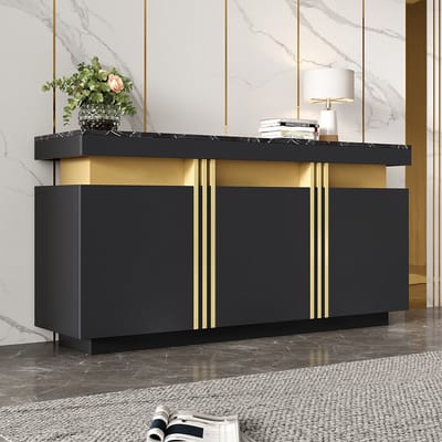 Pugsdrly dressoir 140x38x70 cm modern zwart 3 deuren verstelbare scheidingswanden eetkamerkast keuken woonkamer eetkamer hal zwart en goud brede kastjes zonder handgrepen