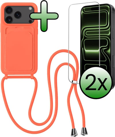 Hoes Geschikt voor iPhone 17 Pro / 18 Pro Hoesje Pas Houder Case Hoes Met Koord Met 2x Screenprotector - Hoesje Geschikt voor iPhone 17 Pro / 18 Pro Hoes Met Telefoonkoord Pasjeshouder Cover - Papaya
