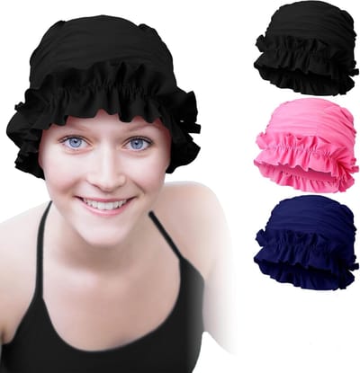 Badmuts - Zadmuts dames - Elastische siliconen zwemmuts - dames zwemmuts met ruches - elastische zwemmuts met volledige dekking voor lang haar - 3-pack