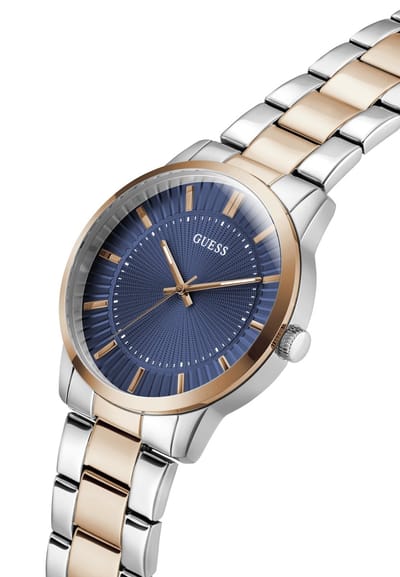 Guess Emmett Quartz Analoog Horloge Zilverkleurig En Roségoudkleurig Kast Gemaakt Van 100% Roestvrij Staal En Een Armband Van 100% Roestvrij Staal 42 GW1050G2, GW1050G4, GW1050G6