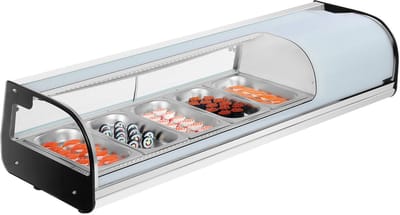 Sushi koelvitrine - Commerciële toonbankvitrine - Capaciteit 52 l - Geschikt voor 5 bakken - Gebogen glas - LED-verlichting - Digitale temperatuurregeling