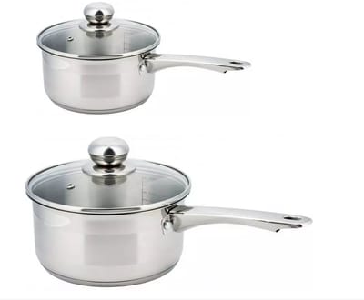 2 x steelpan / sauspan - steelpan met glazen deksel - Ø12 en Ø16 cm - RVS - 0,5 liter en 1,5 liter