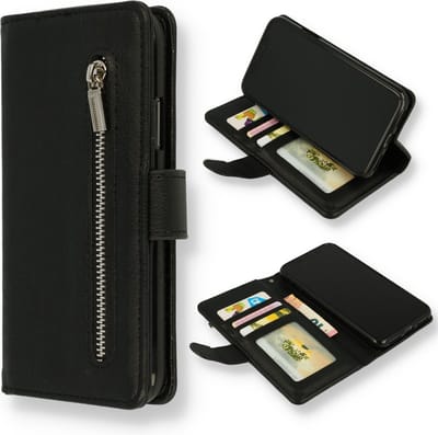 Casemania Hoesje Geschikt voor Apple iPhone 15 Pro - Zwart - Luxe Portemonnee Book Case met Rits