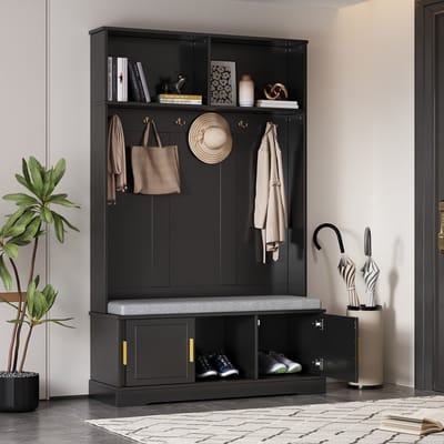 STILVORA Kapstok - Garderobestandaard Met Zitbank En Schoenenrek - 6 Haken Voor Jas En Sleutels - Spaanplaat - 120x40x191 cm - Zwart