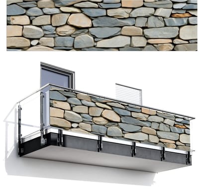 Balkonscherm 300x80 cm - Balkonposter Stenen - Rustiek - Grijs - Balkon scherm decoratie - Balkonschermen - Balkondoek zonnescherm